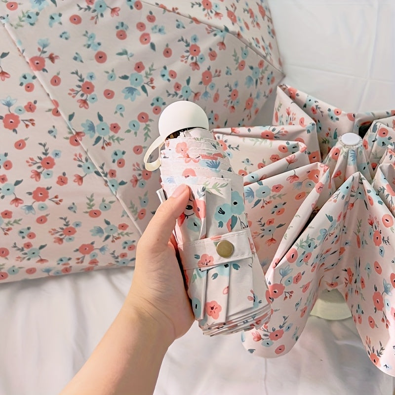 1 Portable Automatic Folding Umbrella | 8-Bone, Floral Pattern, Compact Three-Fold Design, Suitable for Daily Use by Women and Adults, Pongee 190T Material