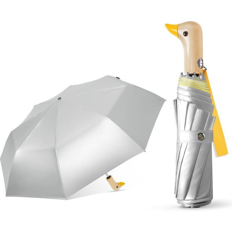 Automatic Duck Umbrella with Auto Open\u002FClose, UPF 50+ & Cute Duck Handle - Compact Collapsible Pocket Umbrella with 6-Rib Canopy, Lightweight for Women & (Manual push-button operation, Yellow Wooden Duck)