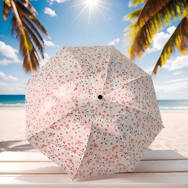 1 Portable Automatic Folding Umbrella | 8-Bone, Floral Pattern, Compact Three-Fold Design, Suitable for Daily Use by Women and Adults, Pongee 190T Material