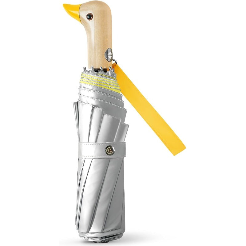 Automatic Duck Umbrella with Auto Open\u002FClose, UPF 50+ & Cute Duck Handle - Compact Collapsible Pocket Umbrella with 6-Rib Canopy, Lightweight for Women & (Manual push-button operation, Yellow Wooden Duck)