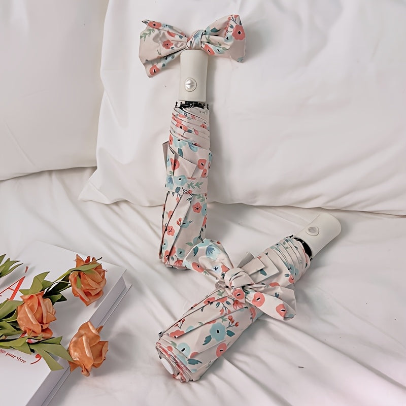1 Portable Automatic Folding Umbrella | 8-Bone, Floral Pattern, Compact Three-Fold Design, Suitable for Daily Use by Women and Adults, Pongee 190T Material