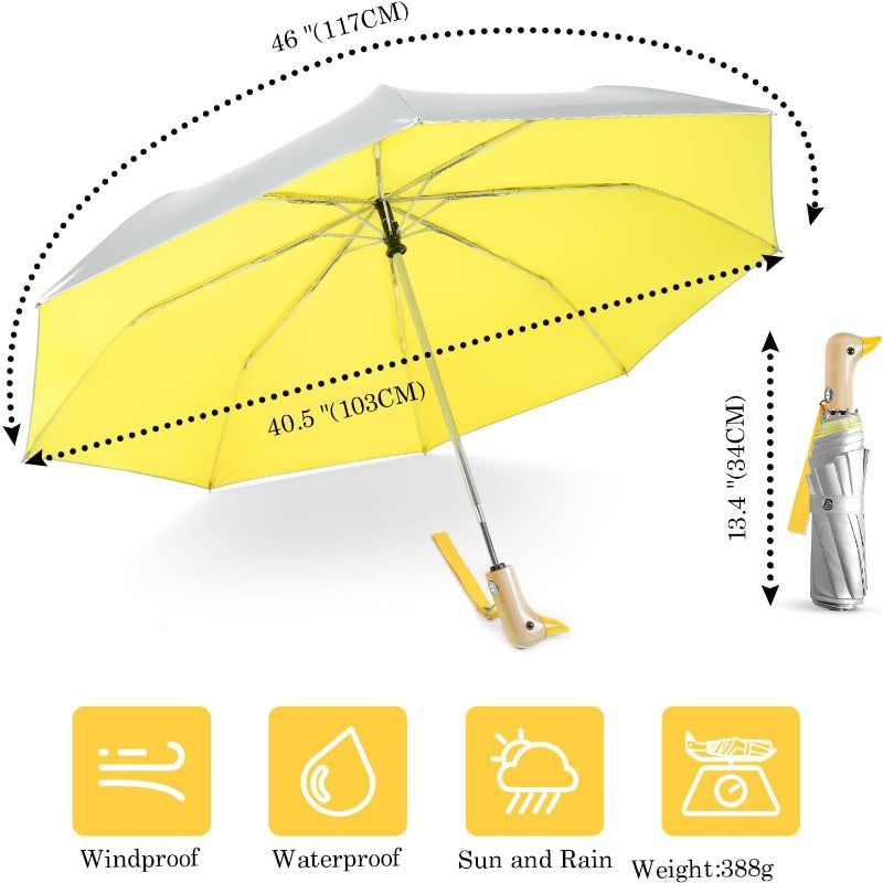 Automatic Duck Umbrella with Auto Open\u002FClose, UPF 50+ & Cute Duck Handle - Compact Collapsible Pocket Umbrella with 6-Rib Canopy, Lightweight for Women & (Manual push-button operation, Yellow Wooden Duck)