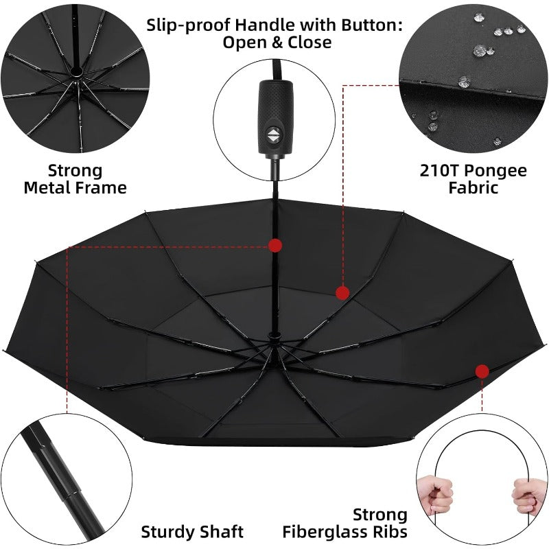 2 Pack Automatic Open\u002FClose Windproof Umbrella with Double Vented Canopy - Auto Folding Compact Travel Umbrellas Suitable for Rain, Men & Women, 6-Rib Heavy-Duty Windproof, -Hand Operation, Lightweight Portable Rain Umbrella