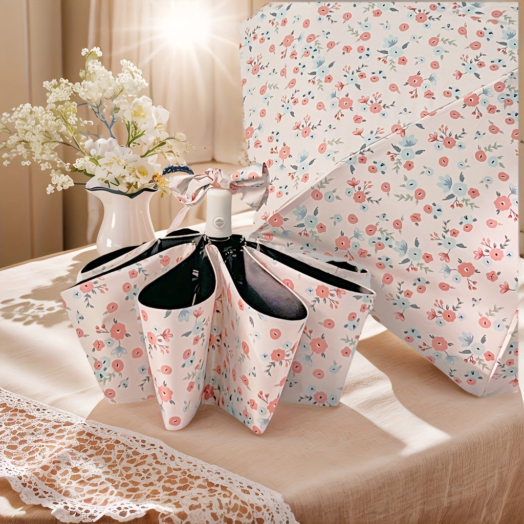 1 Portable Automatic Folding Umbrella | 8-Bone, Floral Pattern, Compact Three-Fold Design, Suitable for Daily Use by Women and Adults, Pongee 190T Material