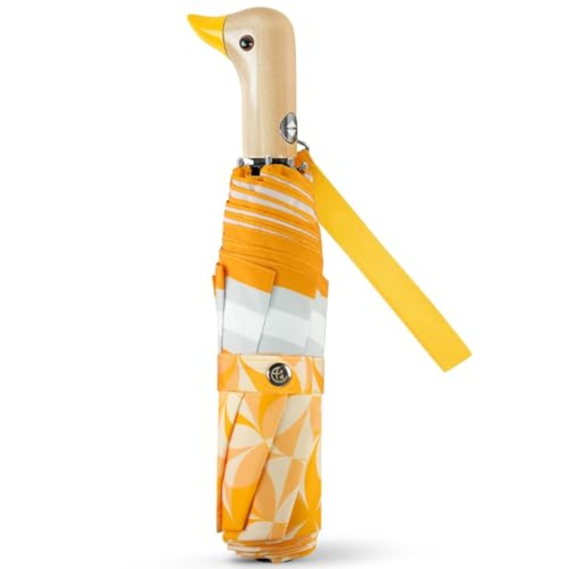 Cute Duck Umbrella Automatic | Compact Pretty Pocket Size Strong Collapsible Umbrella with Yellow Wooden Handle for Women, 6 Ribs, Material
