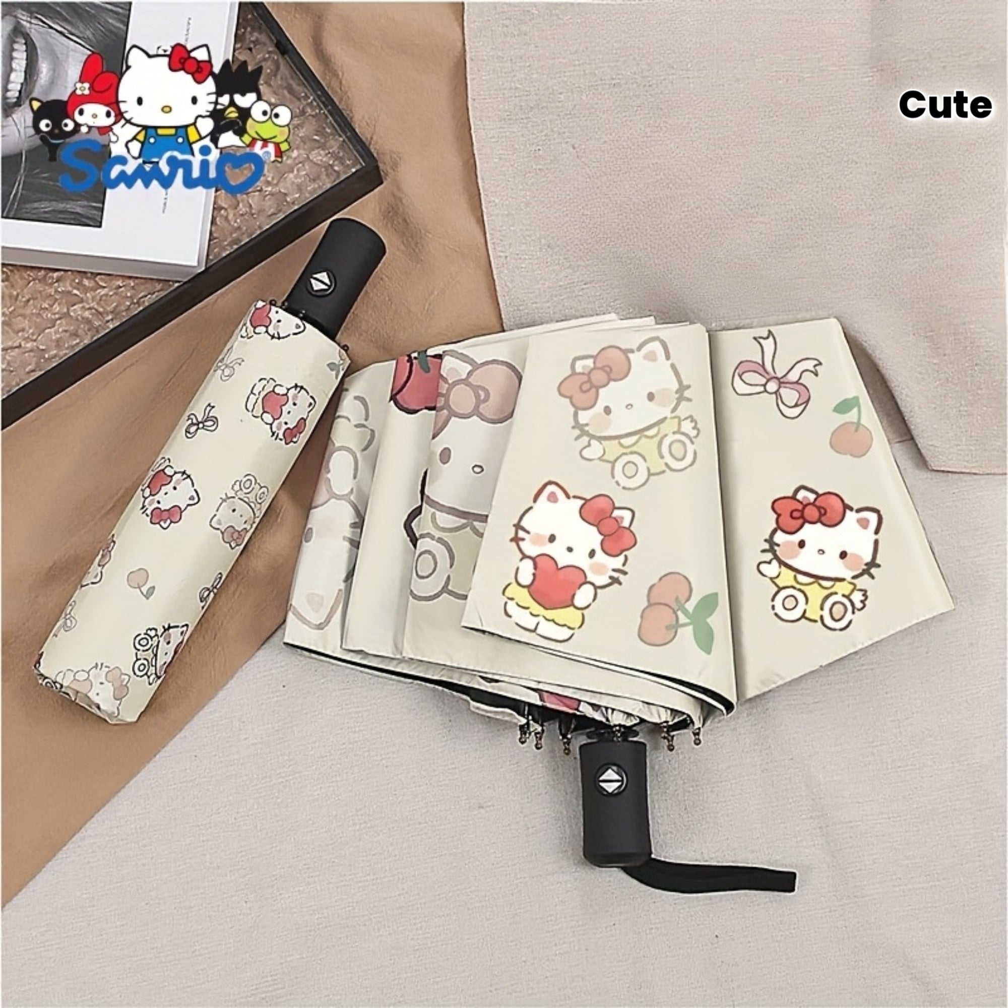 1 Open\u002FClose Cute Hello Kitty Umbrella with Cherry Bow - 8-Rib Sturdy Fiber Folding Umbrella, Compact 3-Fold design for Travel, & s ( Pop Culture Accessory)