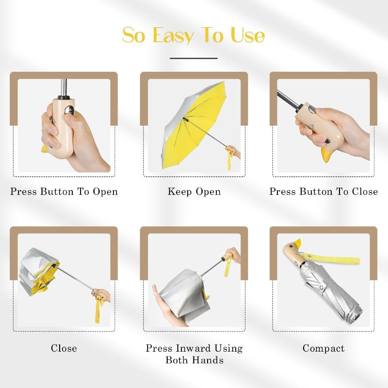 Automatic Duck Umbrella with Auto Open\u002FClose, UPF 50+ & Cute Duck Handle - Compact Collapsible Pocket Umbrella with 6-Rib Canopy, Lightweight for Women & (Manual push-button operation, Yellow Wooden Duck)