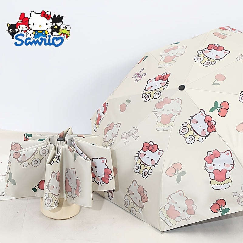 1 Open\u002FClose Cute Hello Kitty Umbrella with Cherry Bow - 8-Rib Sturdy Fiber Folding Umbrella, Compact 3-Fold design for Travel, & s ( Pop Culture Accessory)
