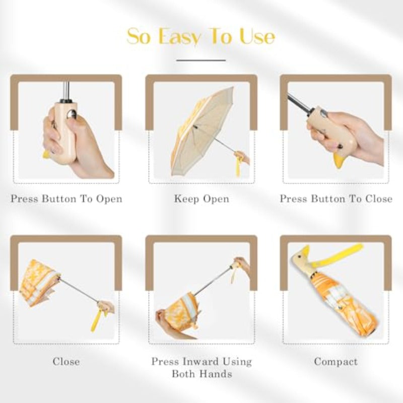 Cute Duck Umbrella Automatic | Compact Pretty Pocket Size Strong Collapsible Umbrella with Yellow Wooden Handle for Women, 6 Ribs, Material