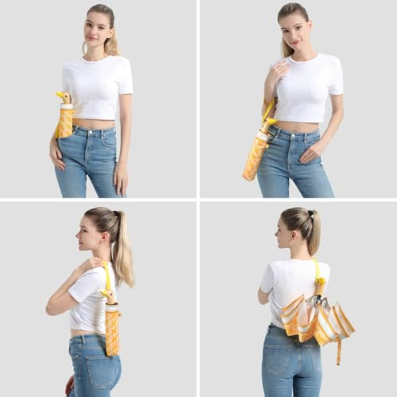 Cute Duck Umbrella Automatic | Compact Pretty Pocket Size Strong Collapsible Umbrella with Yellow Wooden Handle for Women, 6 Ribs, Material