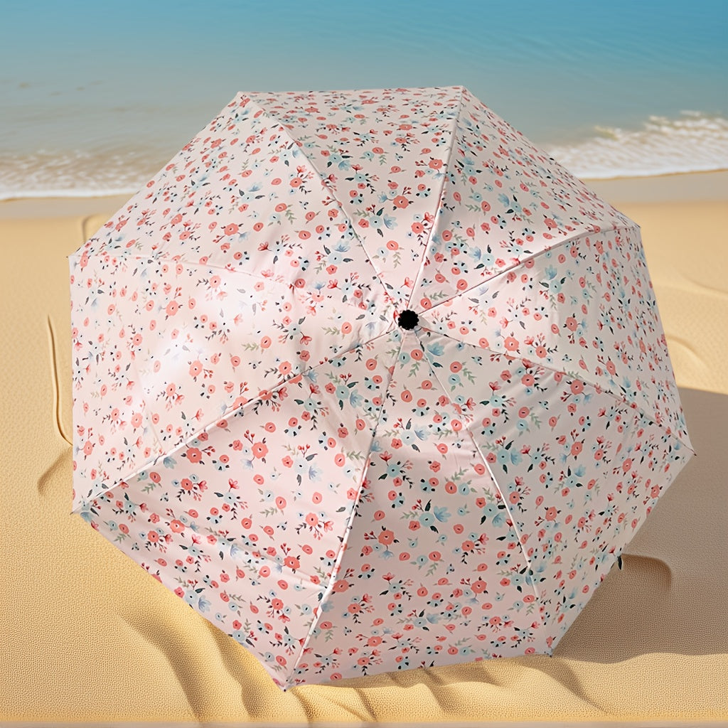 1 Portable Automatic Folding Umbrella | 8-Bone, Floral Pattern, Compact Three-Fold Design, Suitable for Daily Use by Women and Adults, Pongee 190T Material