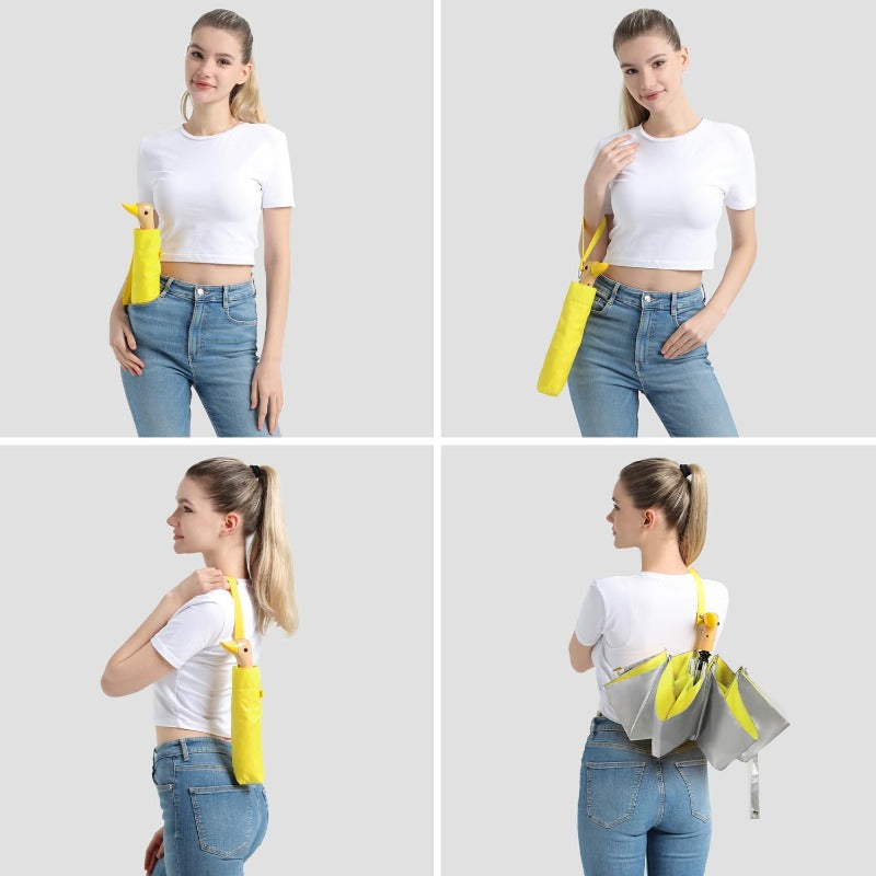 Automatic Duck Umbrella with Auto Open\u002FClose, UPF 50+ & Cute Duck Handle - Compact Collapsible Pocket Umbrella with 6-Rib Canopy, Lightweight for Women & (Manual push-button operation, Yellow Wooden Duck)