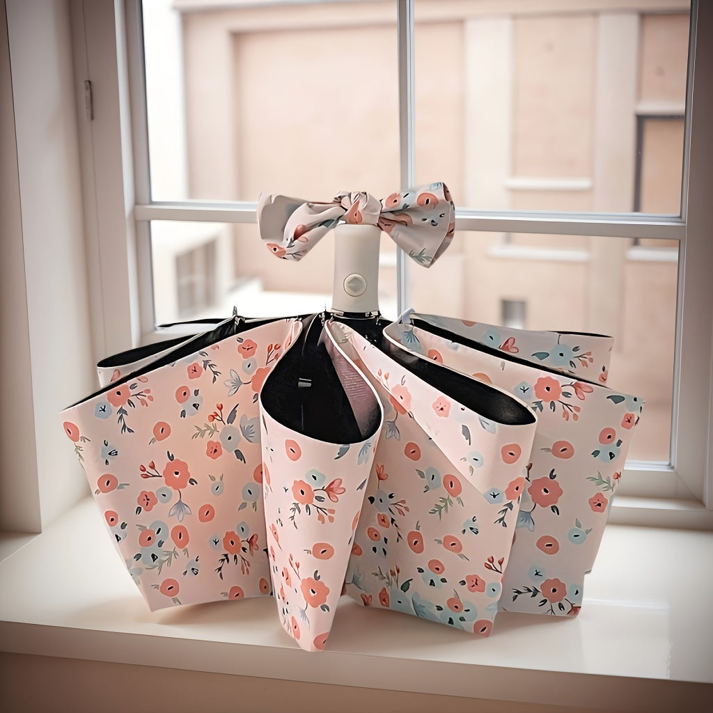 1 Portable Automatic Folding Umbrella | 8-Bone, Floral Pattern, Compact Three-Fold Design, Suitable for Daily Use by Women and Adults, Pongee 190T Material