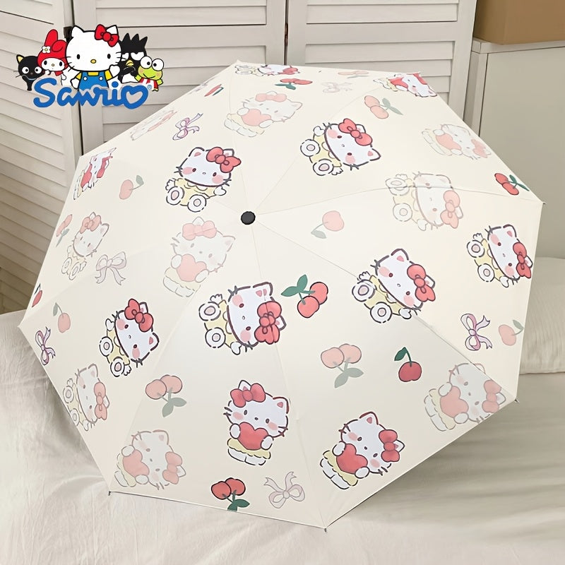 1 Open\u002FClose Cute Hello Kitty Umbrella with Cherry Bow - 8-Rib Sturdy Fiber Folding Umbrella, Compact 3-Fold design for Travel, & s ( Pop Culture Accessory)