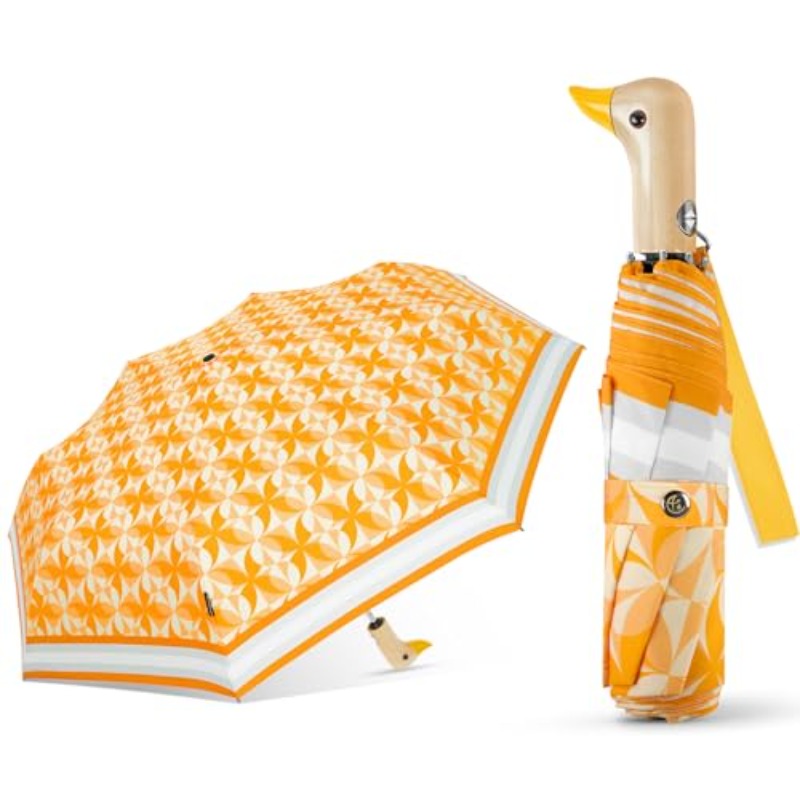 Cute Duck Umbrella Automatic | Compact Pretty Pocket Size Strong Collapsible Umbrella with Yellow Wooden Handle for Women, 6 Ribs, Material