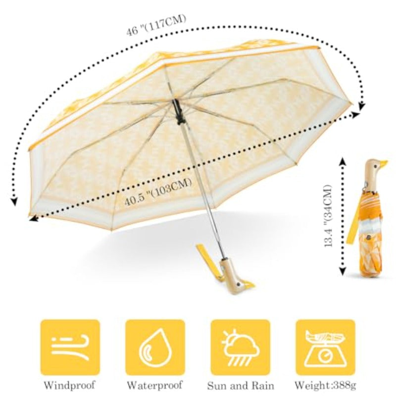 Cute Duck Umbrella Automatic | Compact Pretty Pocket Size Strong Collapsible Umbrella with Yellow Wooden Handle for Women, 6 Ribs, Material
